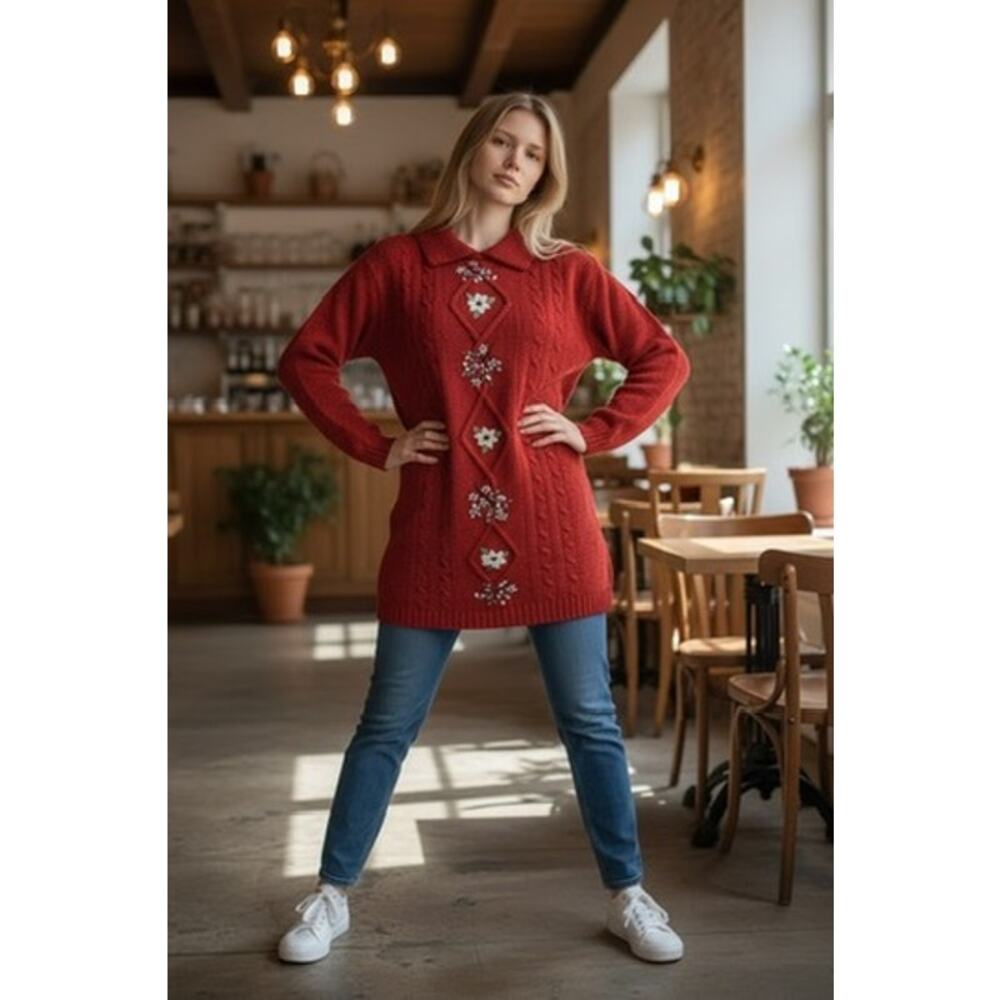 Alfred Dunner Womens Red Soft Feel Sweater Floral Embroidered Accents SZ 2XL
